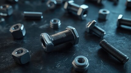 Poster - Close-up of stainless steel bolts and nuts scattered on a dark metal surface, creating an engineering concept.