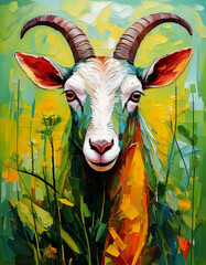 cute goat on green yellow background, watercolor bird cute animal paint design, animals painting wal