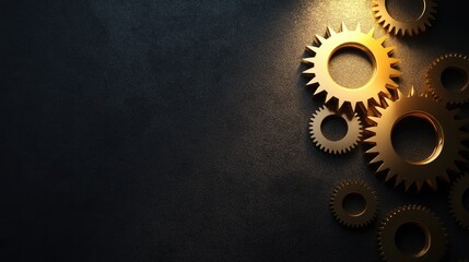 Poster - Golden gears partially emerging from a shadowed area, lit by dramatic lighting, on a dark textured surface with empty space for text.