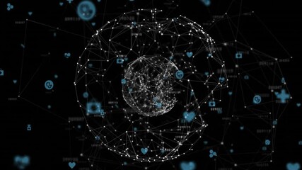 Poster - Animation of digital network with interconnected nodes and icons forming sphere