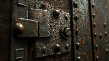 Poster - Heavy iron door with industrial rivets, dark and aged, emphasizing security and strength.