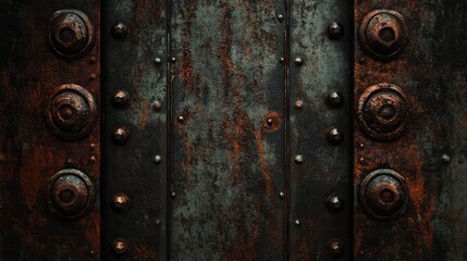 Poster - Heavy iron door with industrial rivets, dark and aged, emphasizing security and strength.