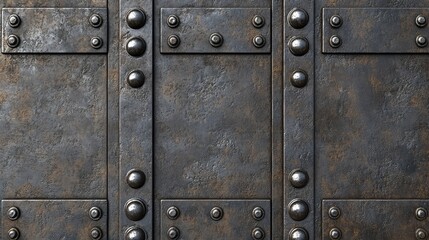 Poster - Heavy iron door with industrial rivets, dark and aged, emphasizing security and strength.