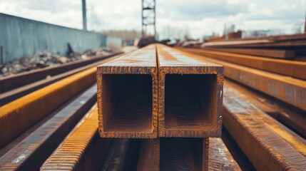 Poster - Heavy steel beams stacked in a construction yard, showing size, structure, and industrial strength.
