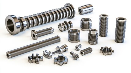Poster - High-resolution close-up of steel machine gears, bolts, and shafts, arranged dynamically with shadows adding depth and copy space on the right.