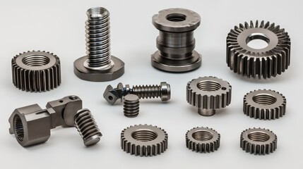 Poster - High-resolution close-up of steel machine gears, bolts, and shafts, arranged dynamically with shadows adding depth and copy space on the right.