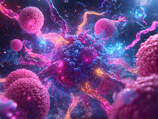 Poster - Dynamic cellular interaction microscopic environment digital art vibrant colors scientific concept