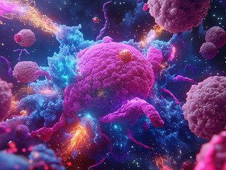 Poster - Dynamic cellular activity microscopic world digital art colorful environment close-up view biological concepts