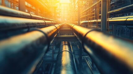Poster - Industrial refinery piping system, with interconnected steel tubes stretching into the background, creating depth and copy space.