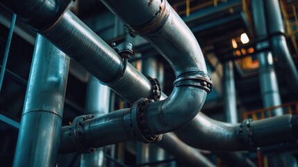 Poster - Industrial refinery piping system, with interconnected steel tubes stretching into the background, creating depth and copy space.