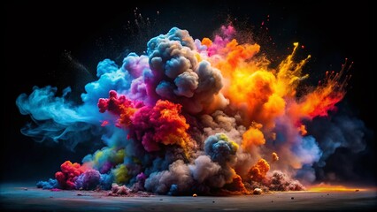 Poster - Vibrant Explosion: Colorful Smoke and Debris Burst Against Black Background - Stock Photo