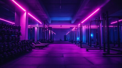 Poster - Wide angle photography of an empty modern gym room interior full of weights, bars and racks. Strong artificial purple lighting illuminating the room, nighttime shadows,  nobody, 32k Resolution