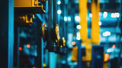 Poster - Massive crane machinery with steel cables and pulleys, slightly blurred to create depth and leave room for text placement.