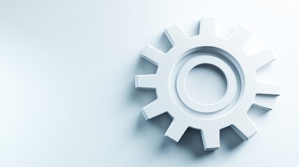 Poster - Minimalistic mechanical gear icon with subtle embossed shadows on a clean white background, creating an abstract and modern design with large copy space.