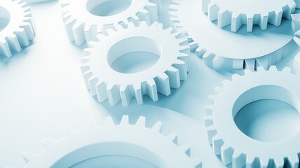 Poster - Minimalistic mechanical gear icon with subtle embossed shadows on a clean white background, creating an abstract and modern design with large copy space.