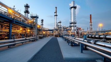 Poster - captivating nighttime scene of a high tech fuel processing plant with intricate illuminated structur