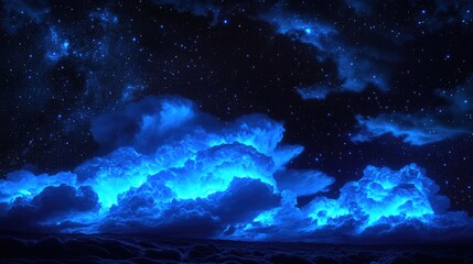 Wall Mural - the sky is filled with blue clouds and stars. the blue clouds are glowing in the dark sky