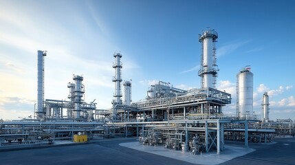 Poster - high tech gas refinery facility with a complex network of interconnected pipelines storage tanks and