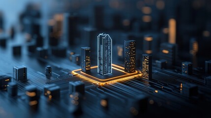 Poster - futuristic high tech power grid with interconnected digital infrastructure and smart city skyline
