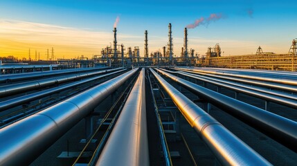 Poster - Oil refinery pipes and metal structures, stretching across an industrial landscape under a clear blue sky.