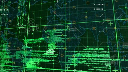 Aufkleber - Digital world map with green coding and data processing overlay animation