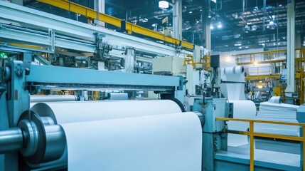 Poster - Paper manufacturing process with large industrial rollers, sheets of paper moving through the machine.