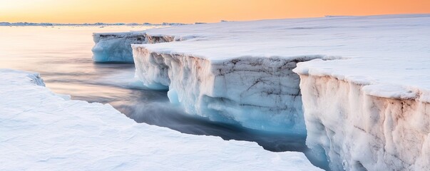 Poster - Iceberg melting idea. A stunning view of icy landscapes with water flowing beneath the glaciers at sunset.
