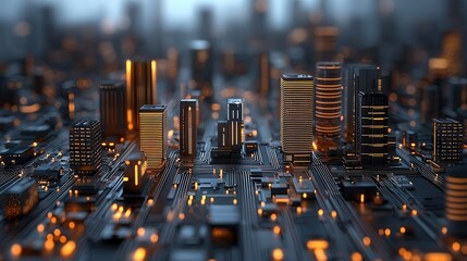 Poster - Hyper detailed and complex futuristic urban landscape featuring a centralized smart grid system with illuminated skyscrapers digital patterns and advanced technological infrastructure