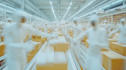 Poster - Robotic arms in an automated factory working on a production line, blurred motion effect, futuristic industry concept.
