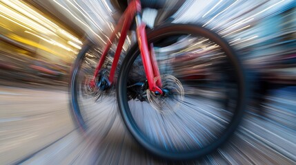 Poster - Rotating bicycle wheel with motion blur, capturing speed and movement.