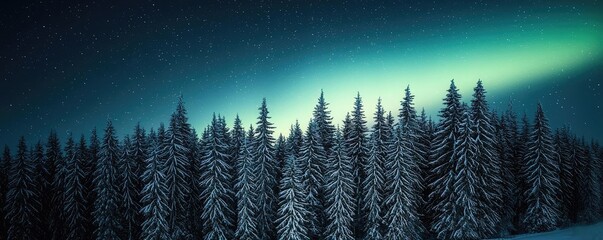 Aurora borealis northern lights idea. A serene winter landscape featuring snow-covered trees and a stunning aurora in the sky.