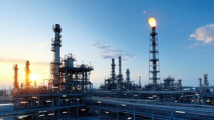 Poster - Vast industrial fuel refinery with towering high pressure steam generators intricate pipeline networks