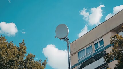 Poster - Rotating satellite dish scanning the sky, modern communication in action.