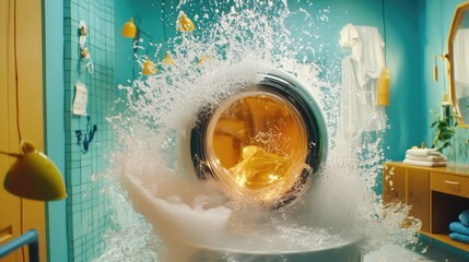 Poster - Rotating washing machine drum with water splashing, dynamic household motion.