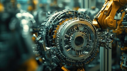 Poster - Rotating wheels of a robotic arm assembling parts, industrial automation in motion.