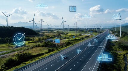 Poster - intelligent power grid with automated monitoring and renewable energy futuristic landscape of sustai