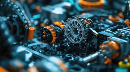 Poster - Rotating wheels of a robotic arm assembling parts, industrial automation in motion.