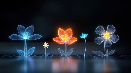 Poster - Intricate and neon flowers glowing with dynamic and futuristic energy creating a mesmerizing and visually striking digital artwork  The ethereal luminous petals seem to dance and pulsate