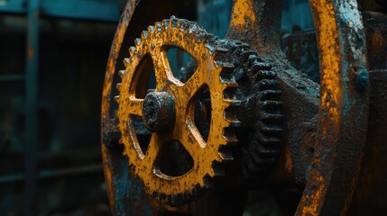 Poster - Rusted metal levers and cranks from an abandoned factory machine, set against a dark and moody backdrop with empty space.