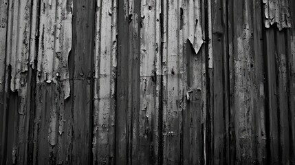 Poster - Rusty corrugated metal sheet, peeling paint and corrosion creating a visually rich, aged texture.