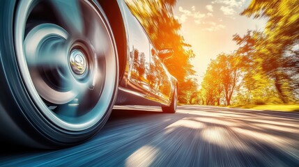 Poster - Spinning car tire on asphalt road, motion blur highlighting speed and performance.
