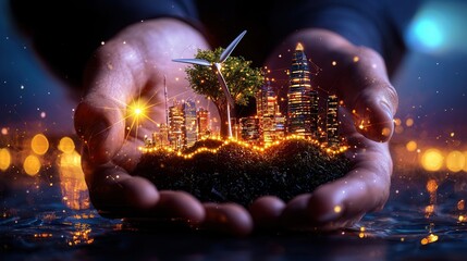 Poster - Futuristic smart city skyline illuminated at night showcasing a modern grid management center utilizing advanced technology and infrastructure  The cityscape displays a vision of a sustainable