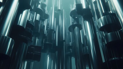 Poster - Steel pipes stacked in an industrial setting, showcasing uniformity and depth with a metallic finish.