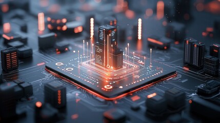 Poster - Futuristic cityscape with a neon lit data driven smart city infrastructure  The glowing digital veins represent the interconnected technology driven urban landscape of the future