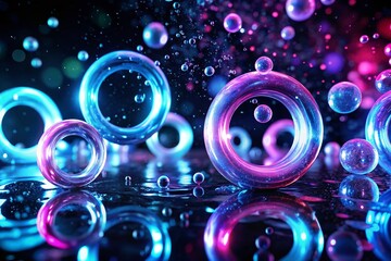 Poster - Vibrant Morphing Glowing Rings: Abstract Cyan, Blue, Pink, Lilac & Purple Liquid Flow on Black Background - 4K Stock Photo