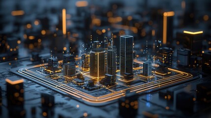 Poster - intelligent energy distribution network in a futuristic cityscape with illuminated skyscrapers digit