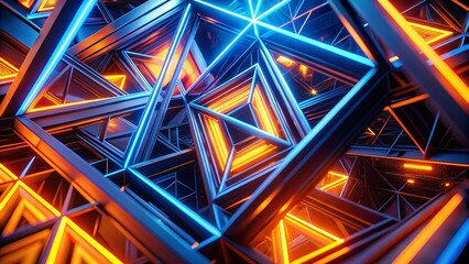 Poster - Vibrant Orange & Blue Neon Geometric Abstract Art - High Depth of Field Stock Photo