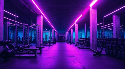 Poster - Wide angle photography of an empty modern gym room interior full of weights, bars and racks. Strong artificial purple lighting illuminating the room, nighttime shadows,  nobody, 32k Resolution