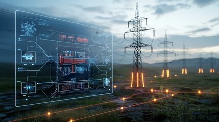Poster - futuristic city landscape powered by a centralized renewable energy grid system featuring high tech 
