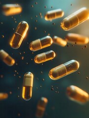 Poster - Suspended capsules floating in zero gravity with soft shadows and cinematic lighting for an abstract medical theme